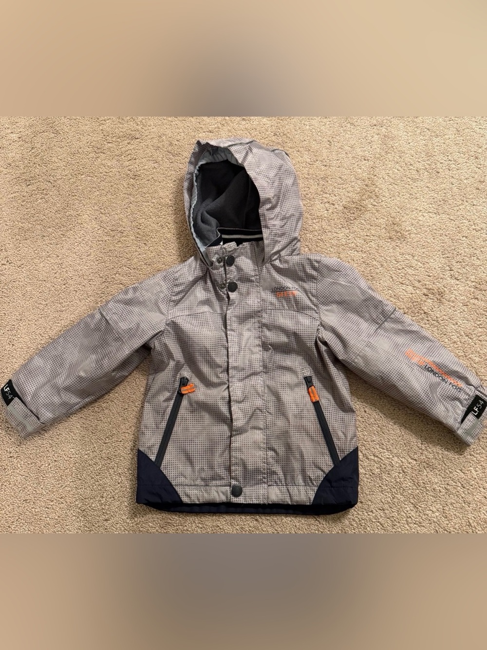 4T Kids Waterproof London Fog Hooded Jacket in Light Gray with Navy Accents